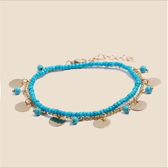 💸FINAL PRICE DROP🌺NWT 2pc Gold Disc & Turquoise Beaded Boho Anklet🌺 - Picture 8 of 12